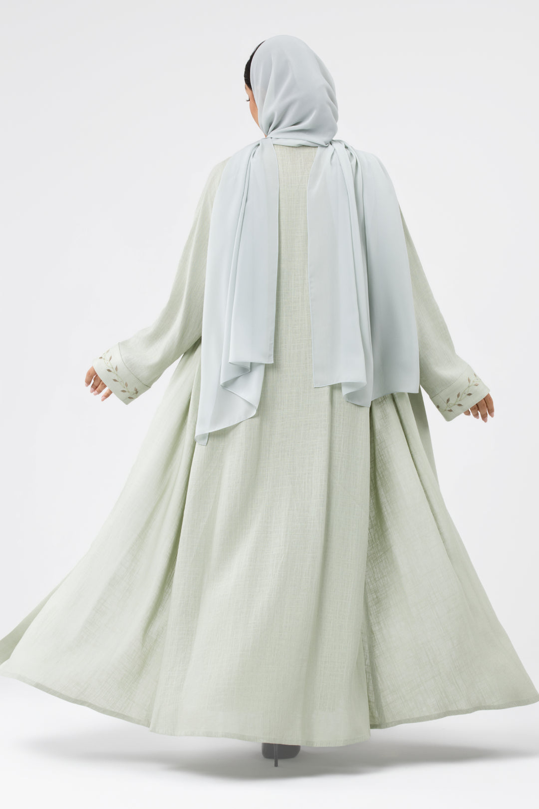 Classy Pale Green Embroidered Linen Abaya