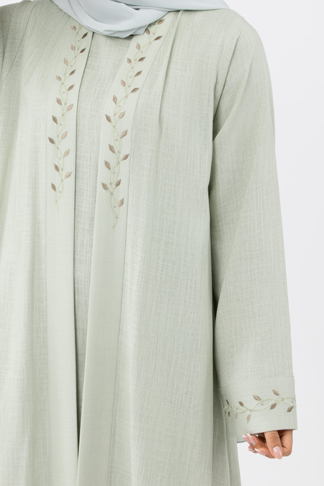 Classy Pale Green Embroidered Linen Abaya