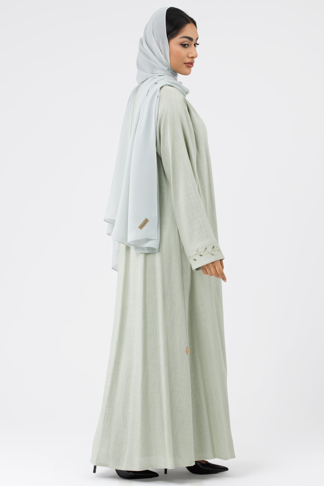 Classy Pale Green Embroidered Linen Abaya