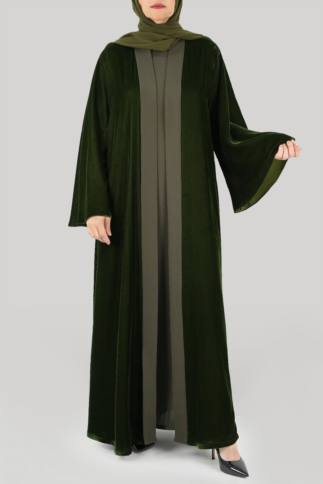 Thowby Dark Olive Green Velvet Winter Abaya