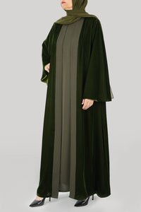 Thowby Dark Olive Green Velvet Winter Abaya
