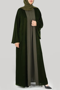 Thowby Dark Olive Green Velvet Winter Abaya