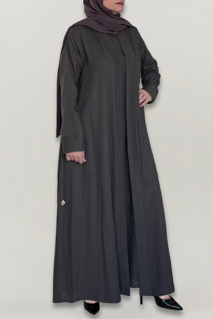 Charcoal Brown Colored Linen Abaya