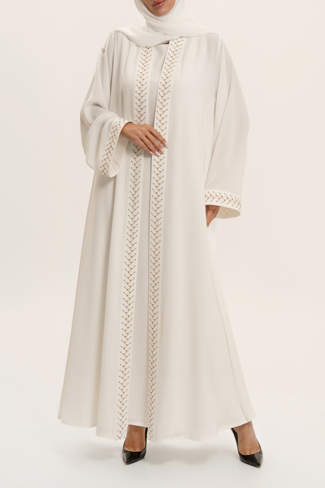 Elegant White Embroidered Abaya Set