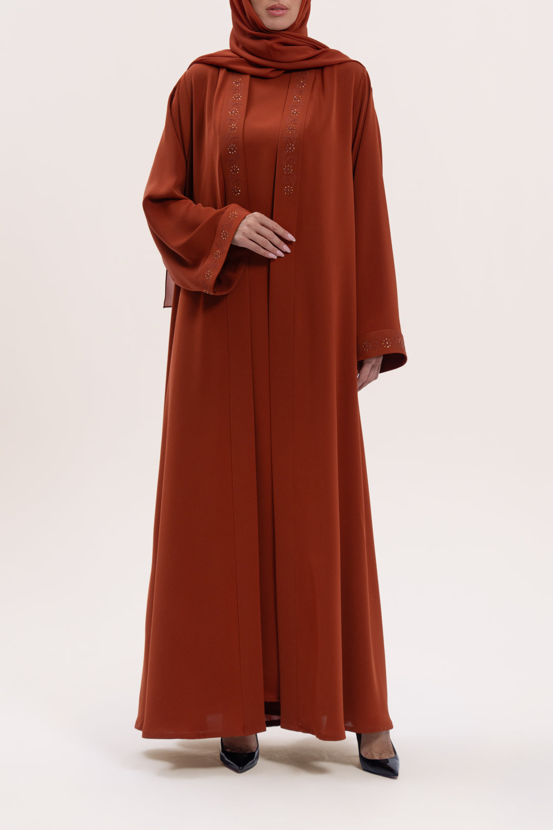 Fabulous Rust Brown Embroidered Abaya Set