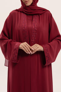 Detailed close shot for Premium Maroon Red Embroidered Abaya