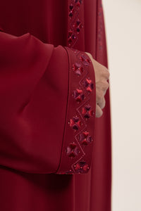 Close up shot of sleeve cuffs of Premium Maroon Red Embroidered Abaya