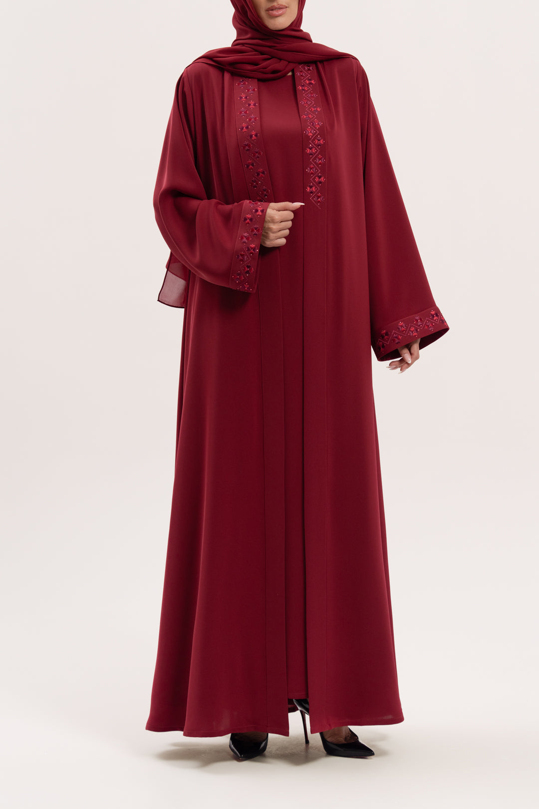 Premium Maroon Red Embroidered Abaya