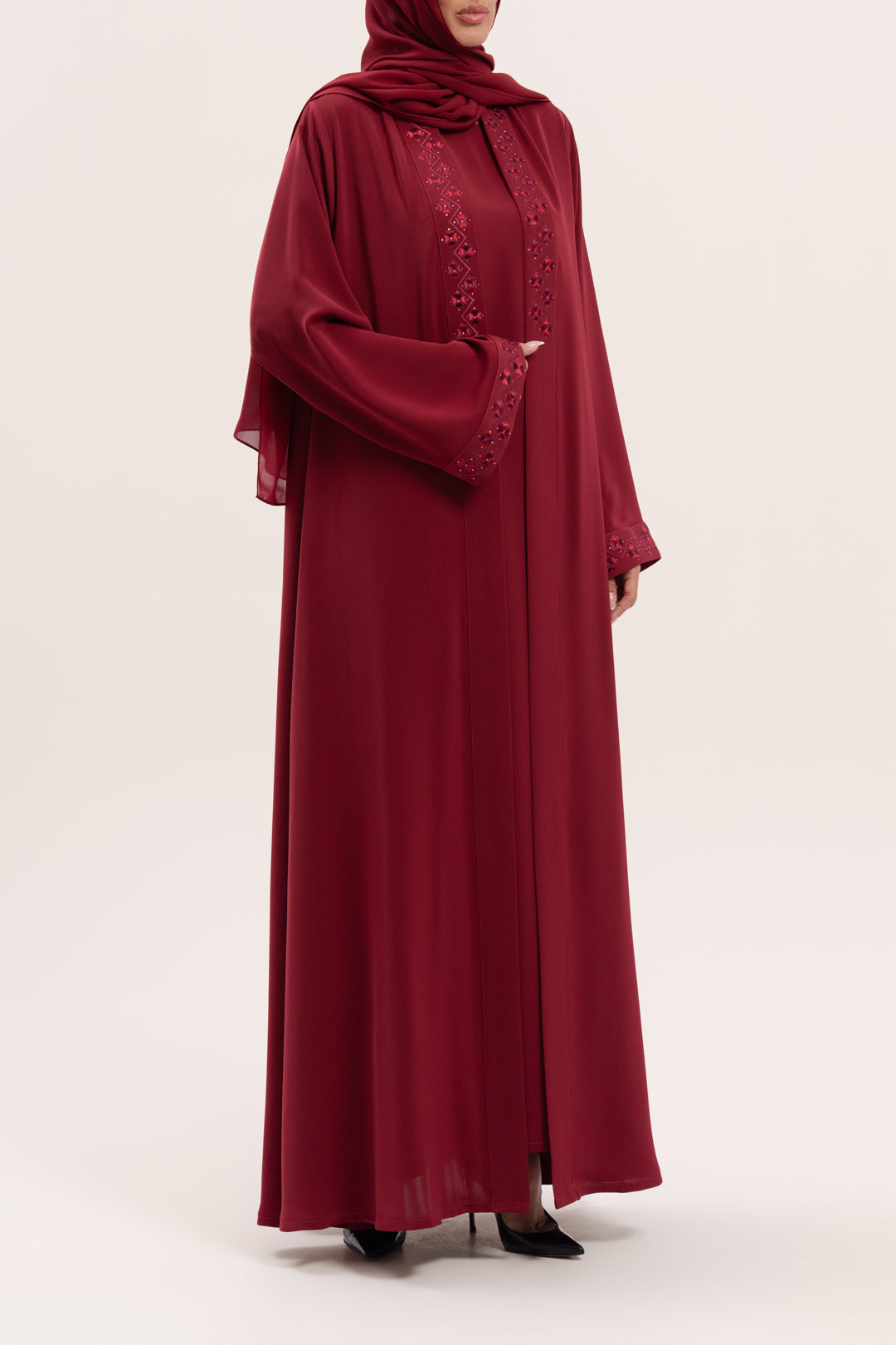 Side view Maroon Red Embroidered Abaya