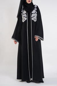 Beautiful White-Embroidered Black Abaya
