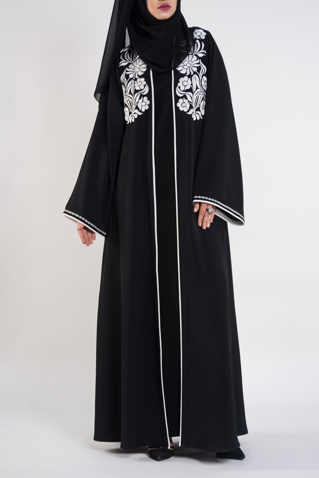 Beautiful White-Embroidered Black Abaya