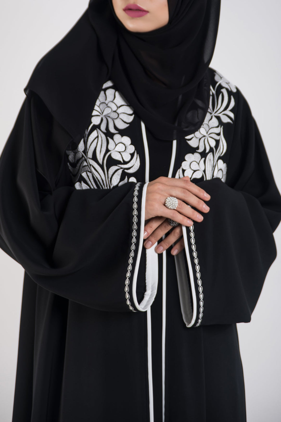 Beautiful White-Embroidered Black Abaya