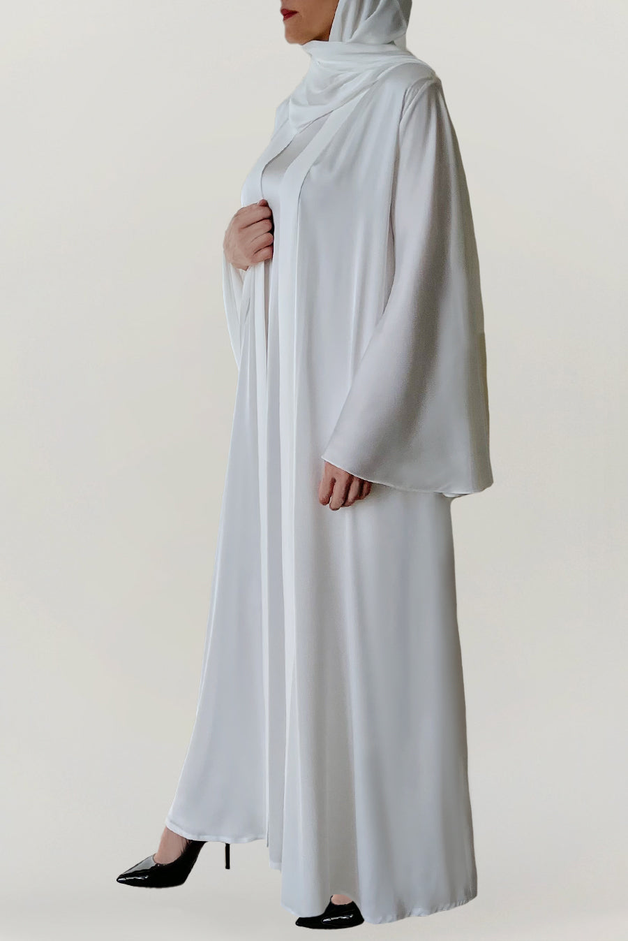 Premium Pearl White Silk Abaya