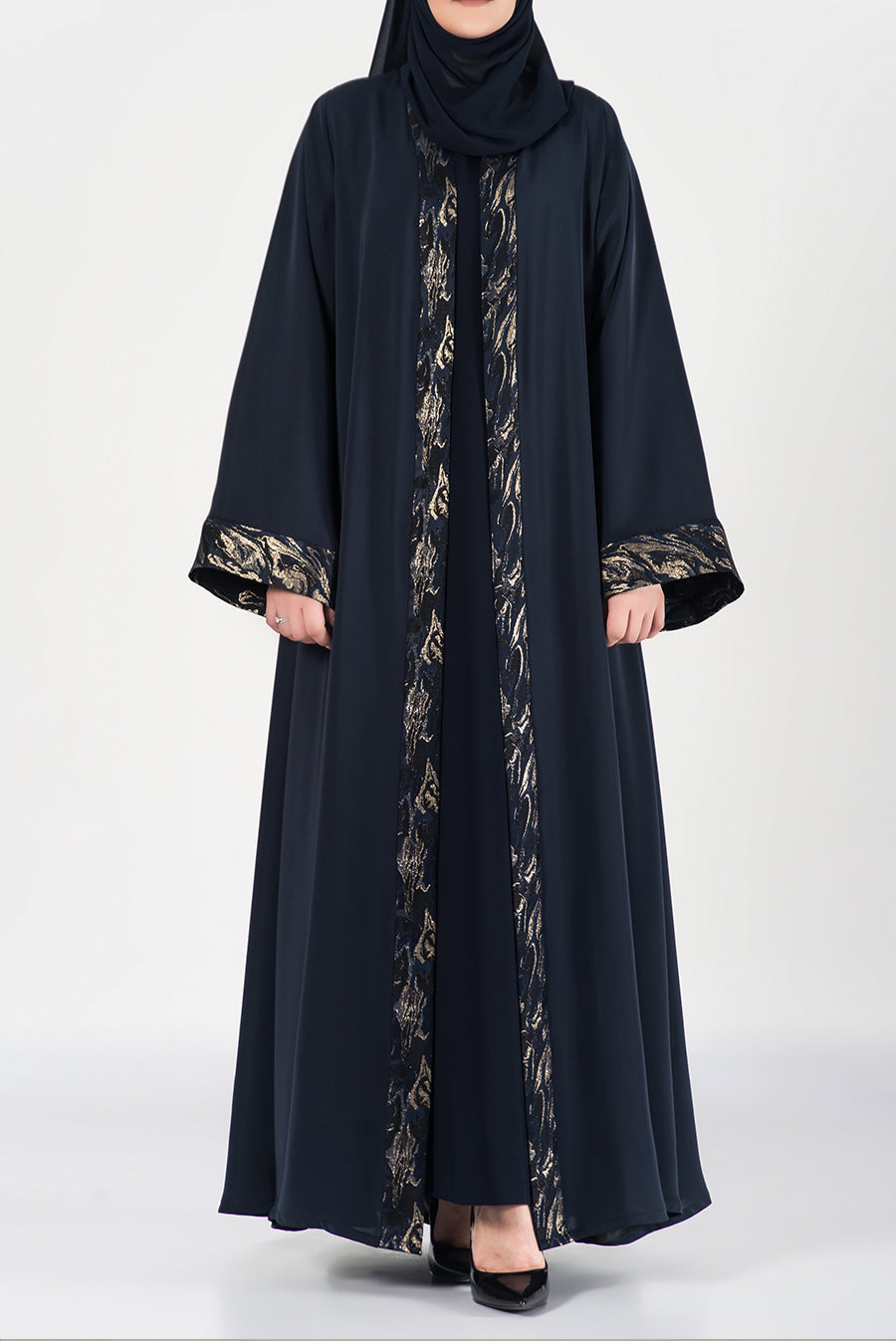 Luxurious Detailed Navy Blue Evening Abaya