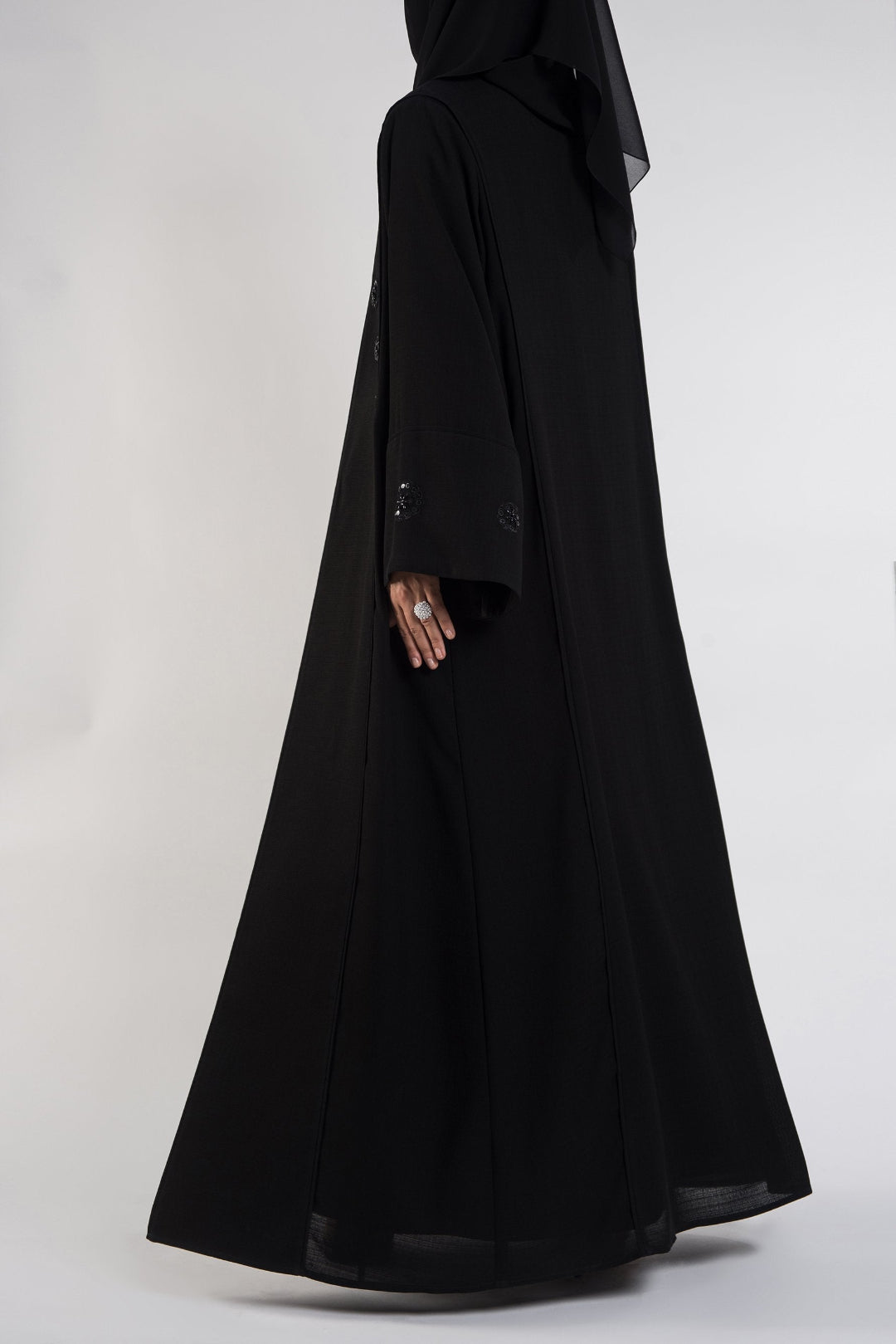Flared Collar-Embroidered Black Abaya