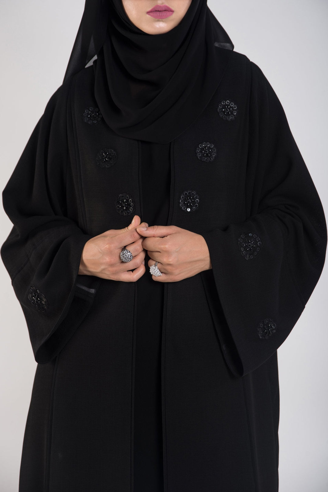 Flared Collar-Embroidered Black Abaya