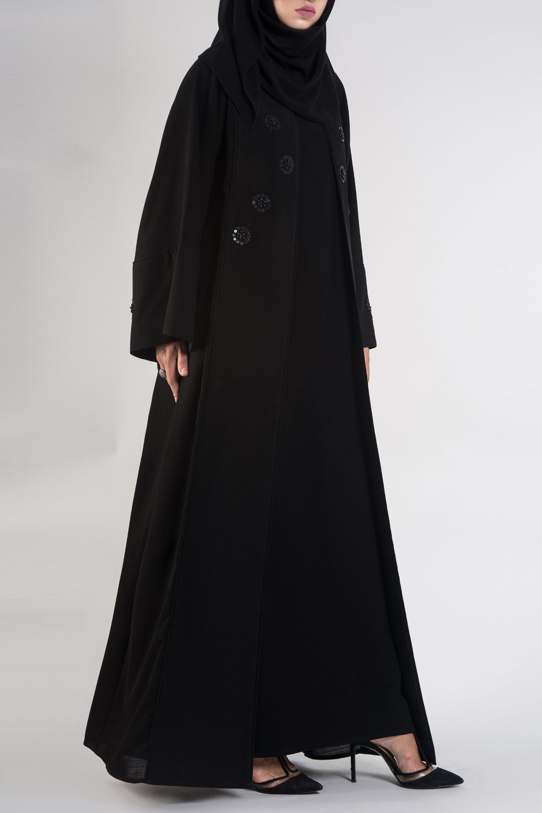 Flared Collar-Embroidered Black Abaya