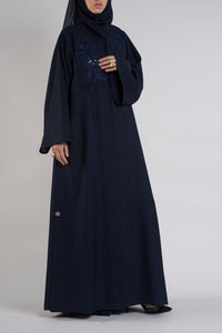 Stitched Navy Blue Linen Abaya