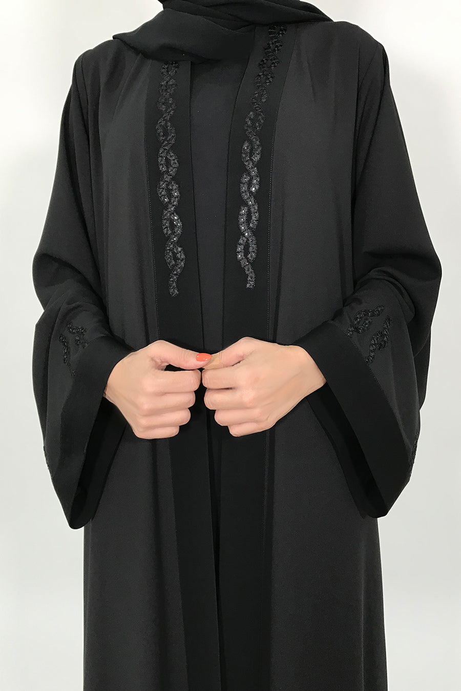 Beaded-Trim Black Abaya