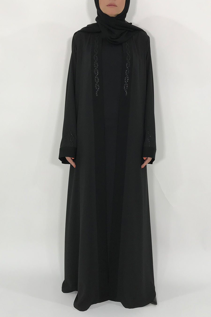 Beaded-Trim Black Abaya