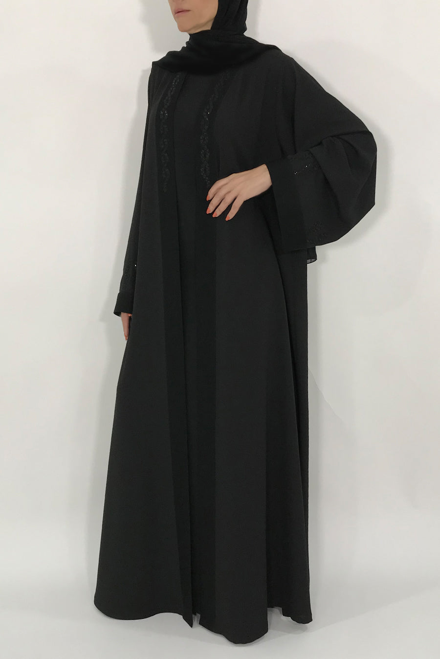 Beaded-Trim Black Abaya