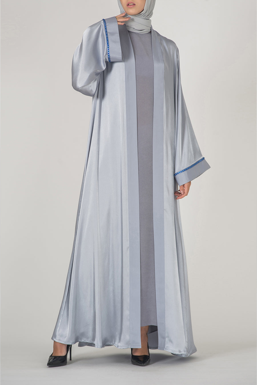 Detailed Satin Silver Evening Abaya