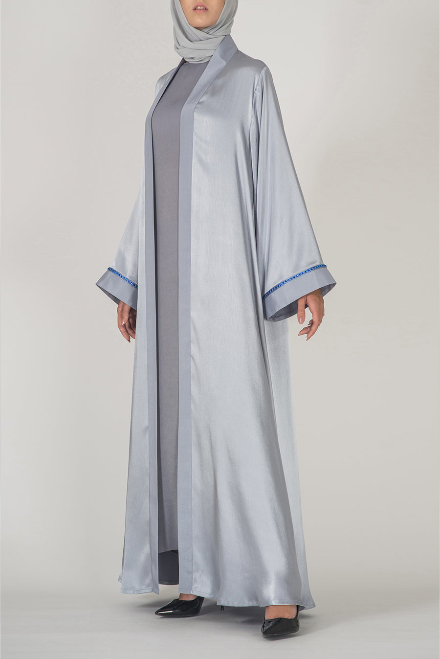 Detailed Satin Silver Evening Abaya
