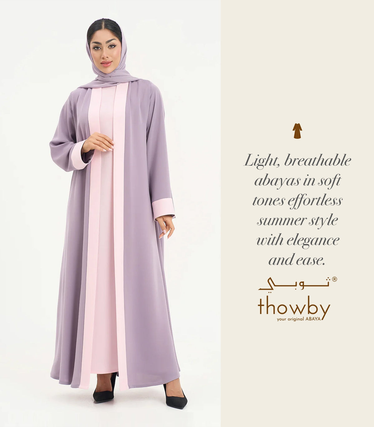 Lightweight white and pastel summer abayas by thowby, styled for warm weather modest fashion