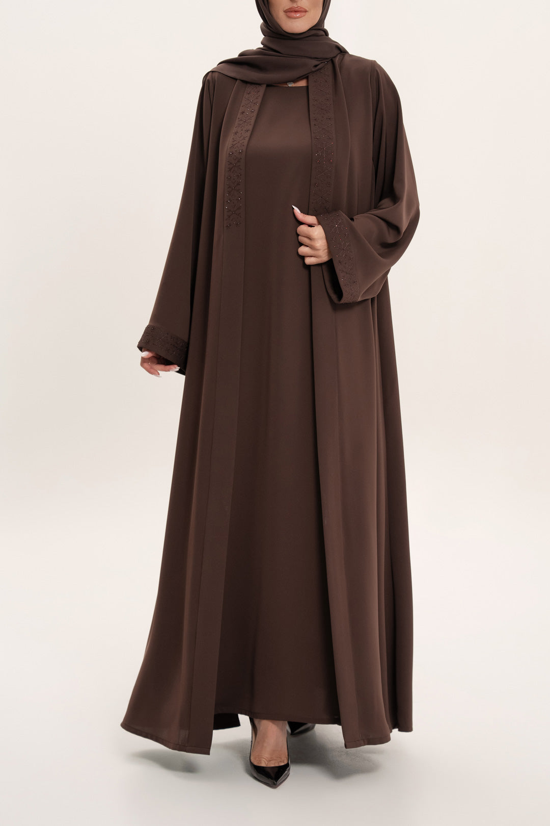 Classic Brown Hand-Embroidered Abaya Set 