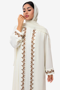Off-White Abaya Embroidered Crepe fabric intricate hand embroidery and Austrian Crystals