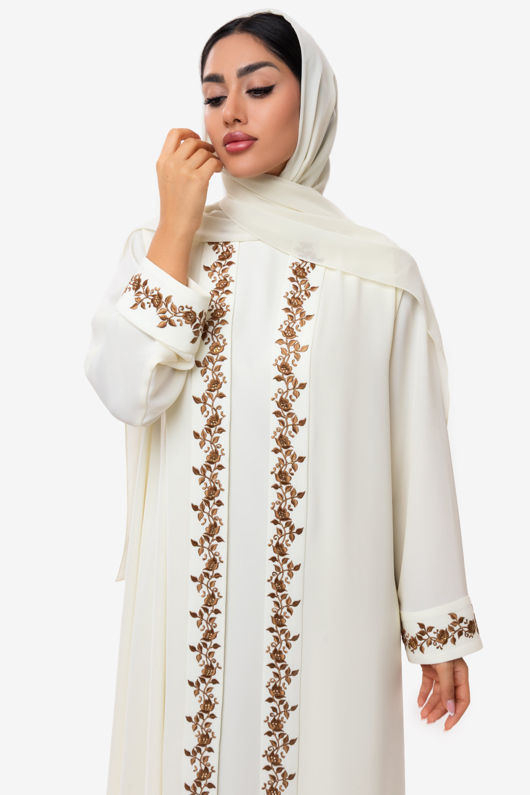 Off-White Abaya Embroidered Crepe fabric intricate hand embroidery and Austrian Crystals