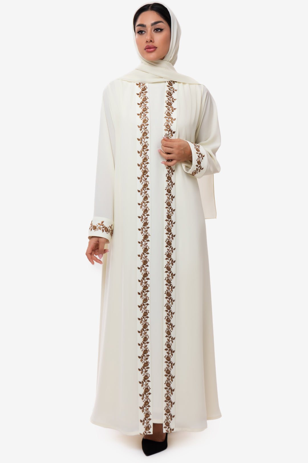 An Elegant Off-White Embroidered Crepe Abaya