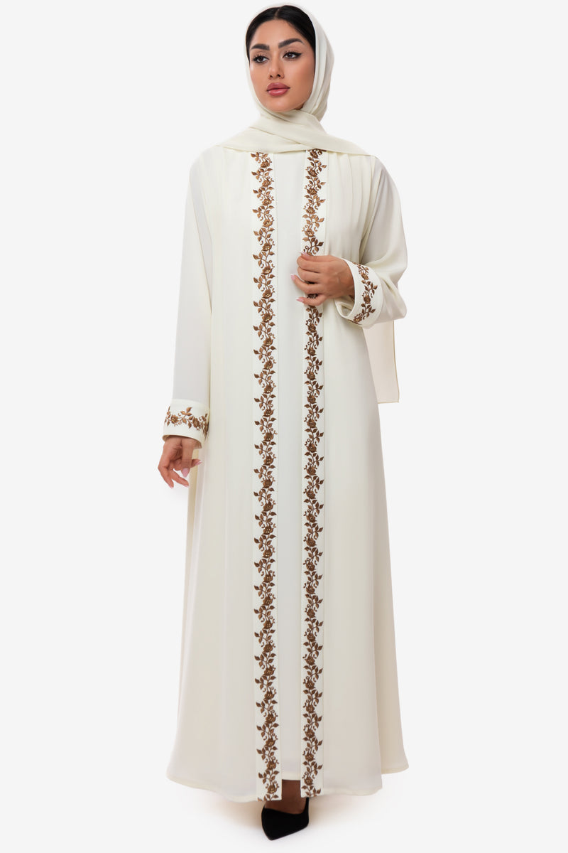 An Elegant Off-White Embroidered Crepe Abaya