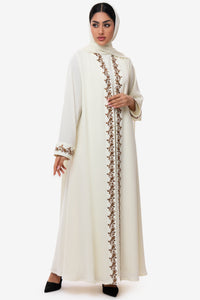 Off-White Abaya Embroidered Crepe fabric intricate hand embroidery and Austrian Crystals