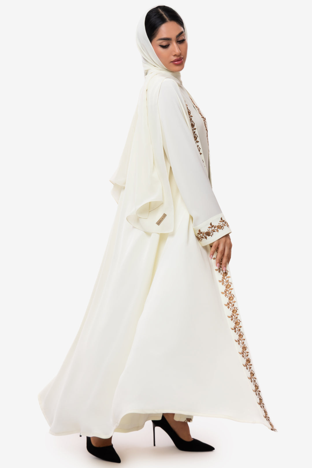 Off-White Abaya Embroidered Crepe fabric intricate hand embroidery and Austrian Crystals