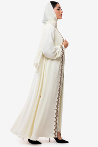 An Elegant Off-White Embroidered Crepe Abaya