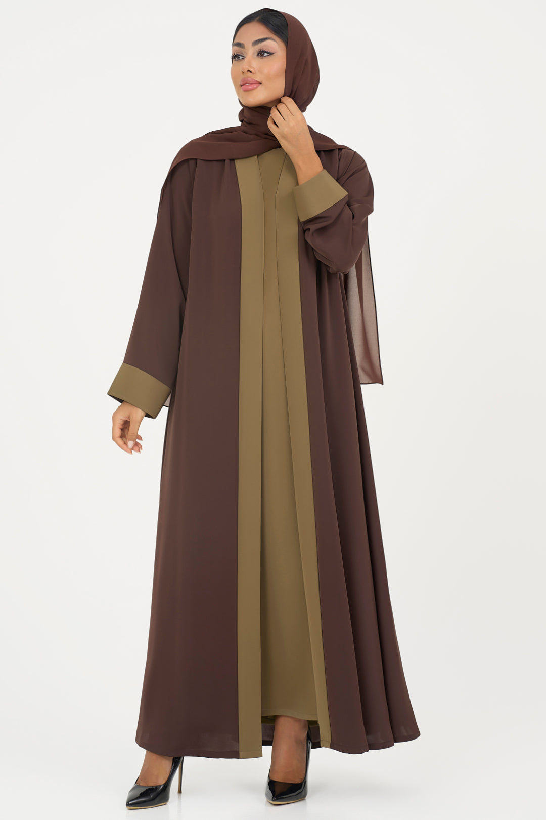 brown and olive abaya on a white background