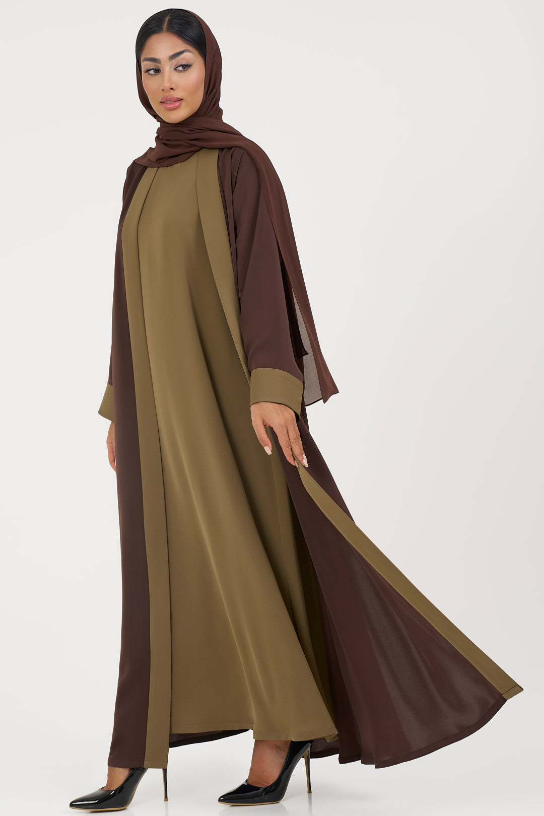 brown and olive abaya on a white background