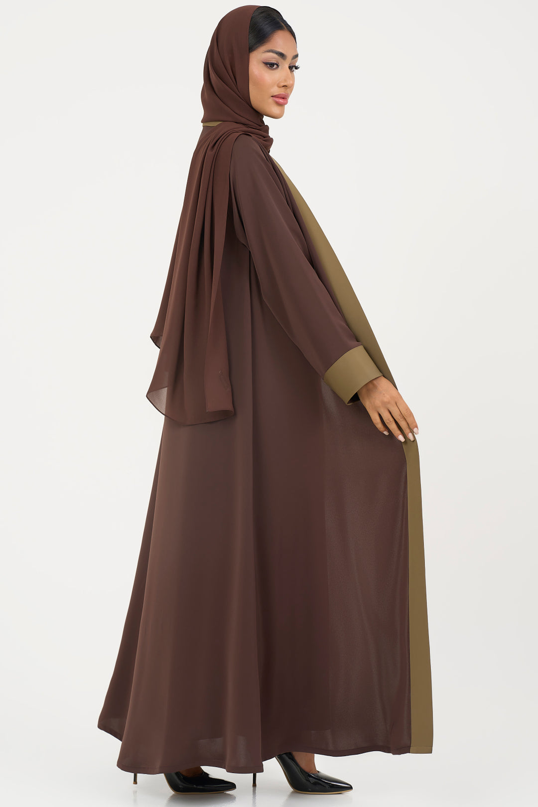 brown and olive abaya on a white background
