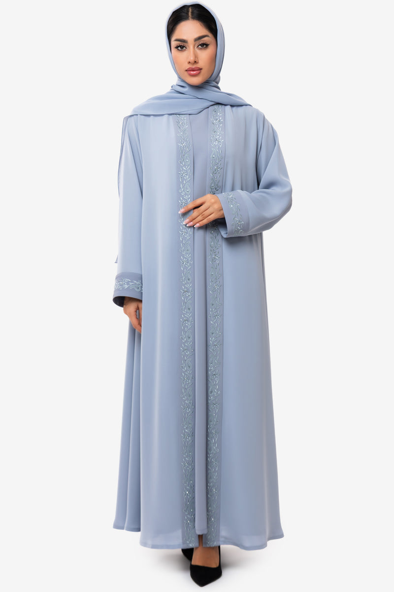 Light Sky-Blue Embroidered Abaya Set