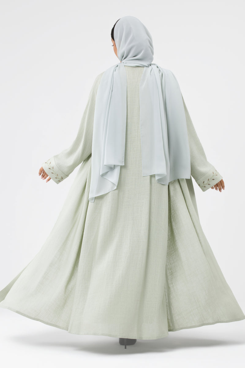 Classy Pale Green Embroidered Linen Abaya