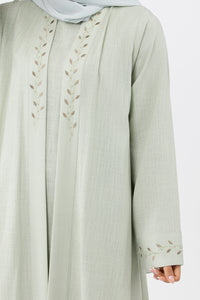 Classy Pale Green Embroidered Linen Abaya