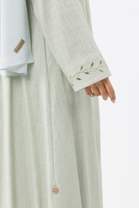 Classy Pale Green Embroidered Linen Abaya