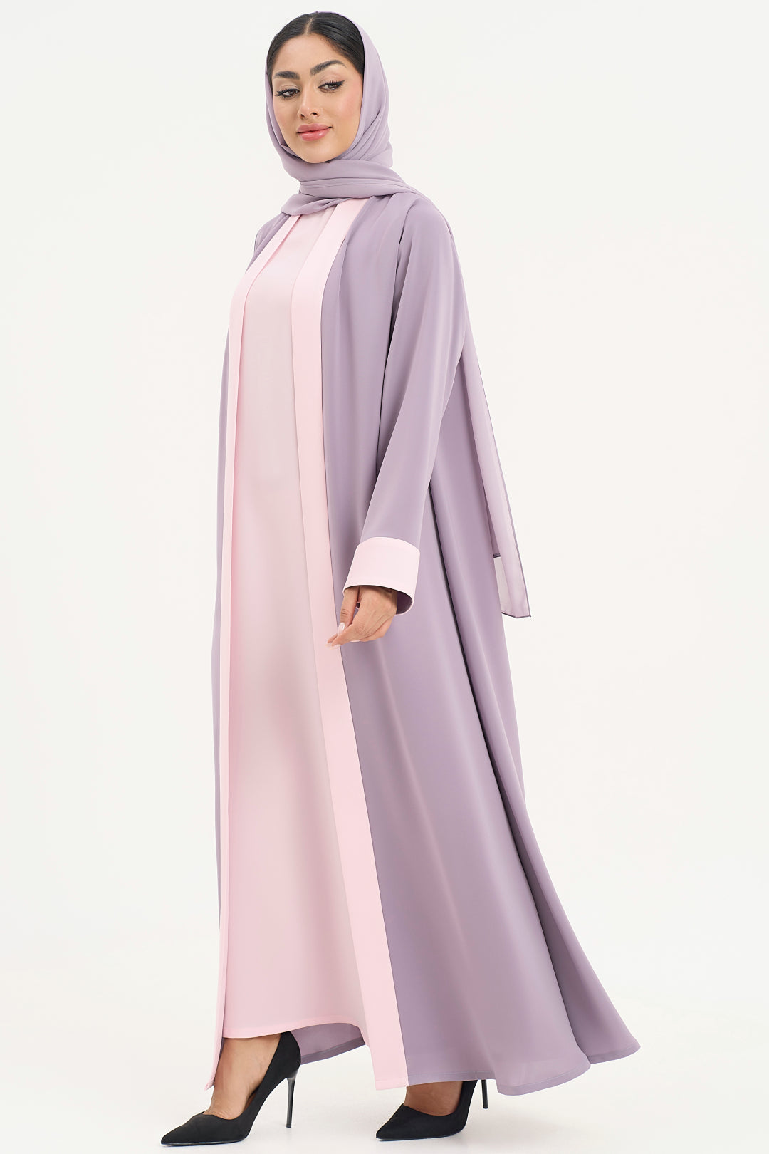 muted mauve abaya with a pink dress