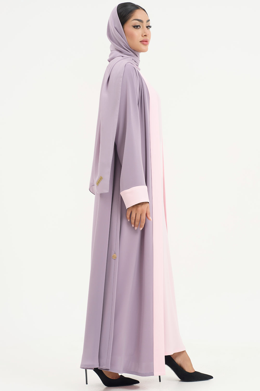muted mauve abaya with pink dress