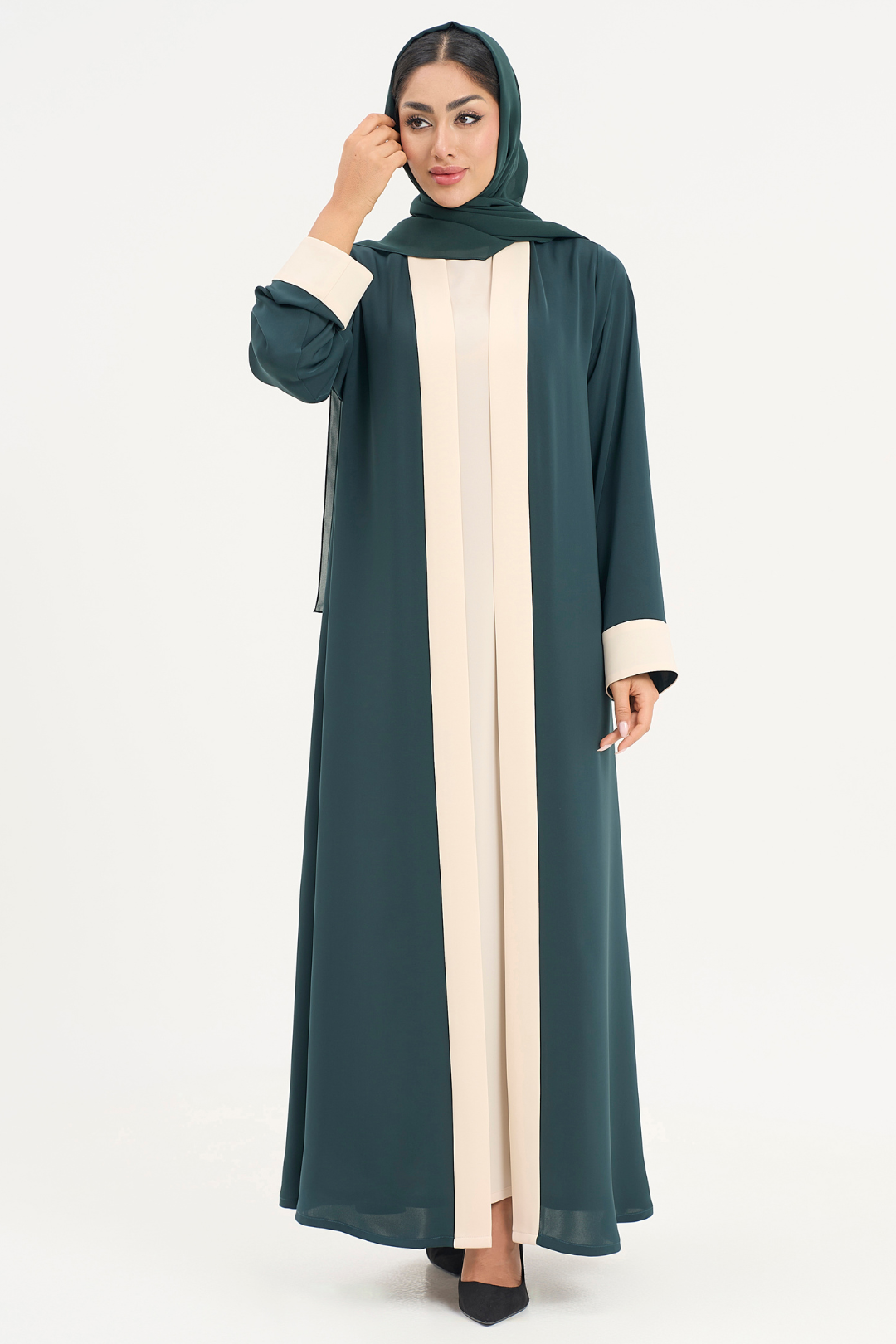 Luxury two toned royal green and off white colored abaya set