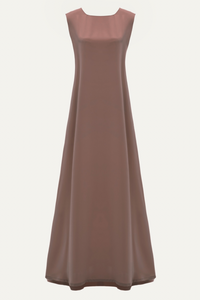 Elegant brown abaya underdress featuring inner dress detailing and soft flowing silhouette