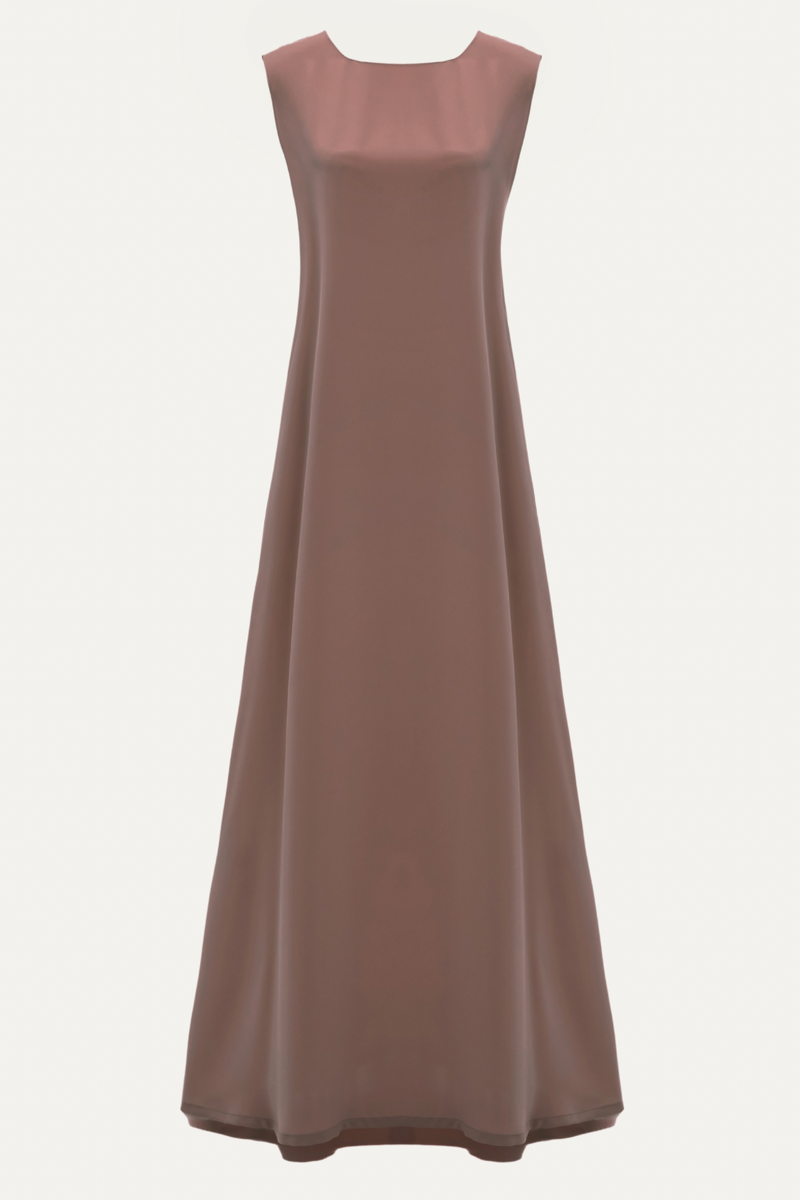 Elegant brown abaya underdress featuring inner dress detailing and soft flowing silhouette