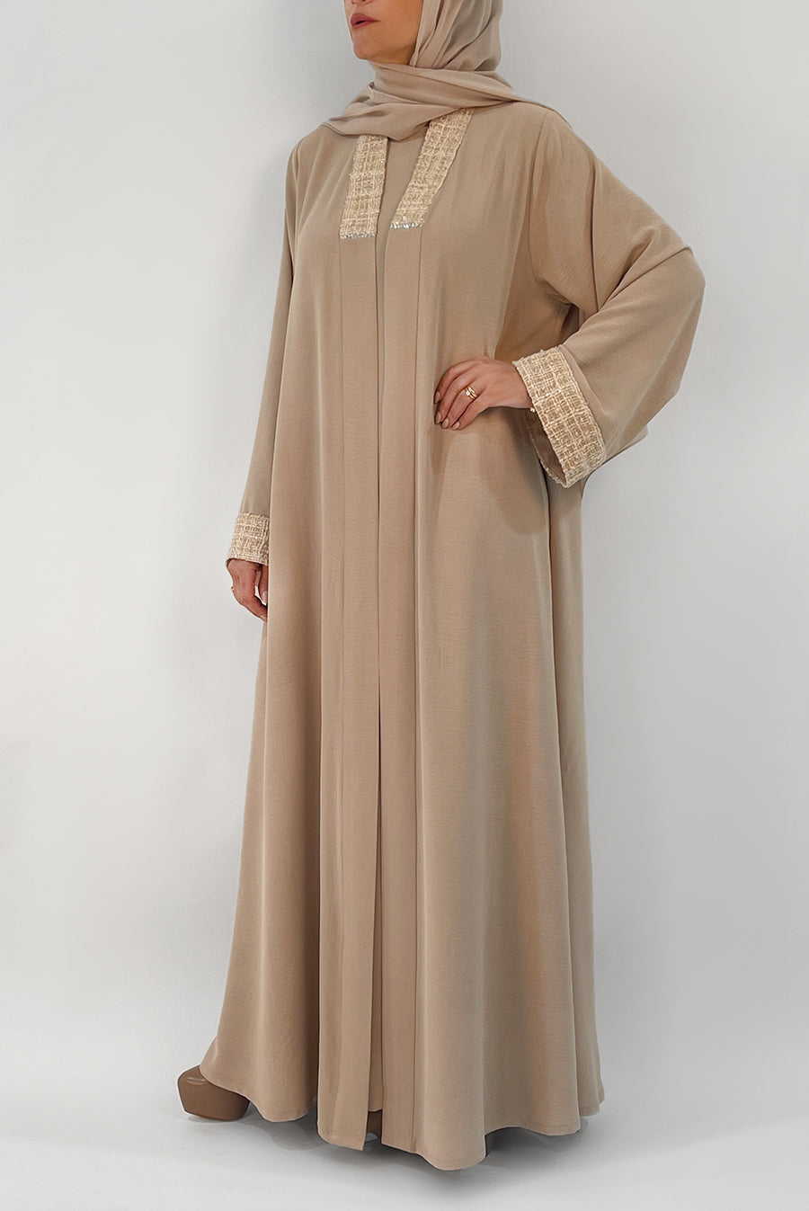 Detailed Sand Beige Evening Abaya Al Saudia thowby ثـوبي
