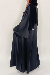 Shiny Black Flared Abaya - thowby - dubai designer abayas
